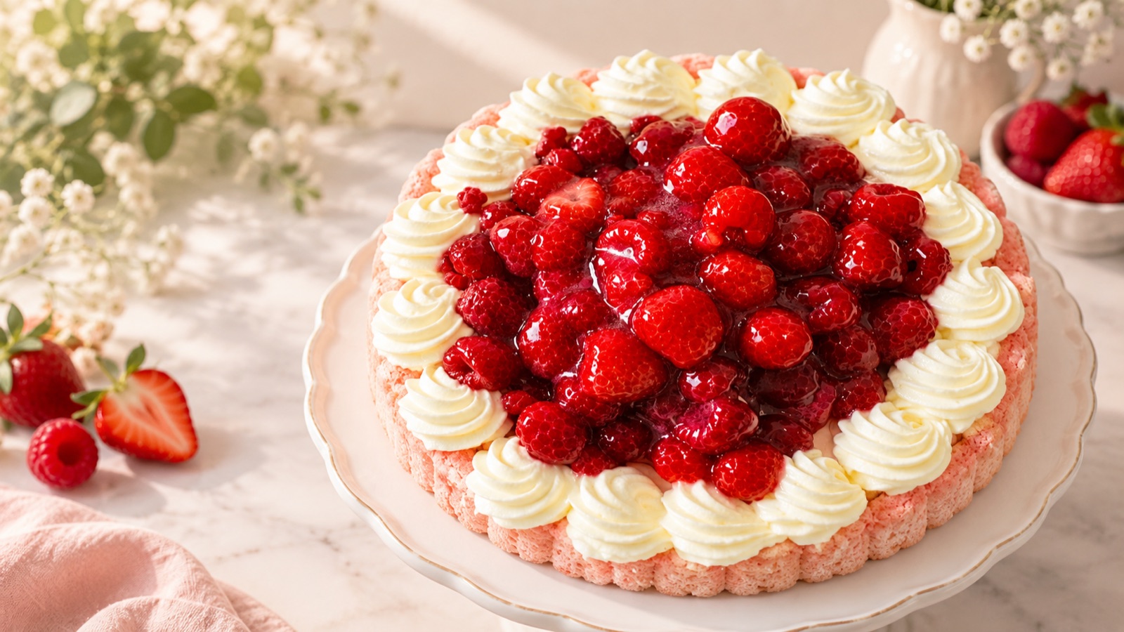 A berry charlotte ringed with piped cream, on a marble counter